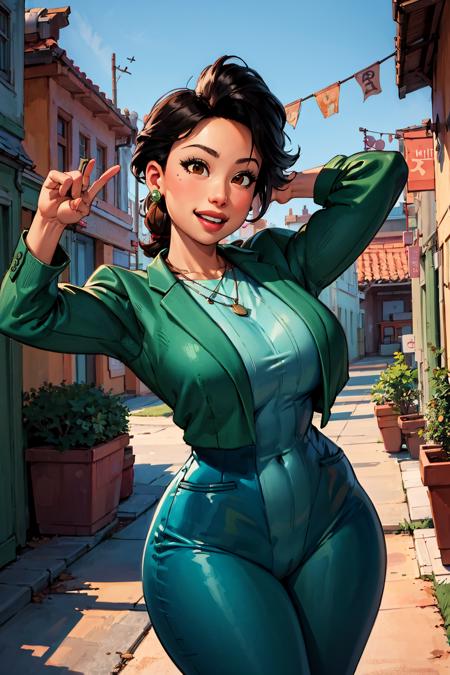 00541-666-minglee, 1girl, green jacket, pants, necklace, smiling, (curvy), town, dynamic pose, _lora_Sett_Ming_Lee_0.7_, milf, masterpiece.png